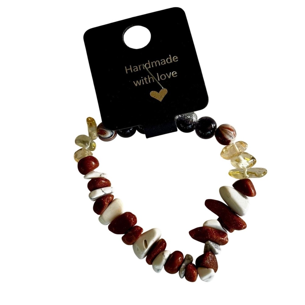 Handmade Stone Chip Bead Bracelet‎ Earthy Tones Agate Goldstone